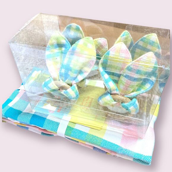 4 Spring Pastel Easter Plaid Bunny Ears Napkin Rings + Set of 4 Cotton Napkins - Picture 1 of 1